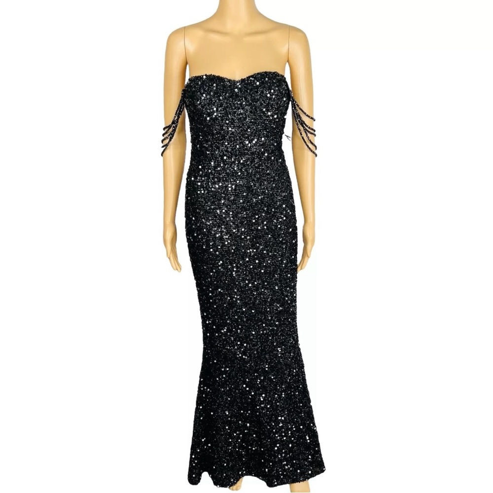 Love & Lemonade Sequin Evening Gown Black Beaded Spaghetti Strap Stretch